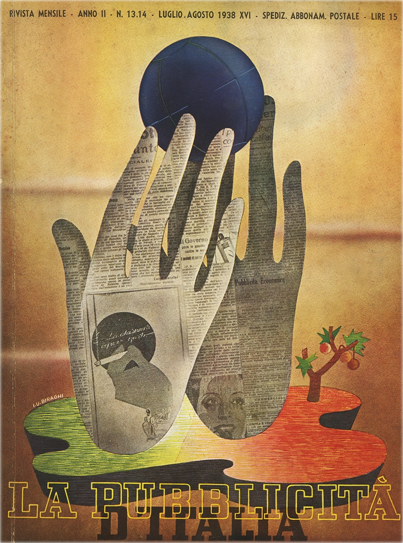 La Pubblicità d’Italia – N. 13-14 / 1938, S.A.M.E. - Società Anonima Milanese Editrice, Rivista mensile che tratta i temi della pubblicità, propaganda e comunicazione visiva nell’Italia fascista. Organo ufficiale del Sindacato Nazionale Fascista delle Agenzie e Case di Pubblicità, si propone di diffondere le linee guida estetiche e ideologiche del regime attraverso l’analisi e la promozione delle tecniche pubblicitarie moderne. Direttore Responsabile: Ugo Zampieri. Comitato di Direzione: Ermanno Amicucci, Giovanni Banelli, Niccolò Castellino, Roberto Farinacci, Umberto Guglielmotti, Edoardo Malusardi, Alessandro Pavolini.