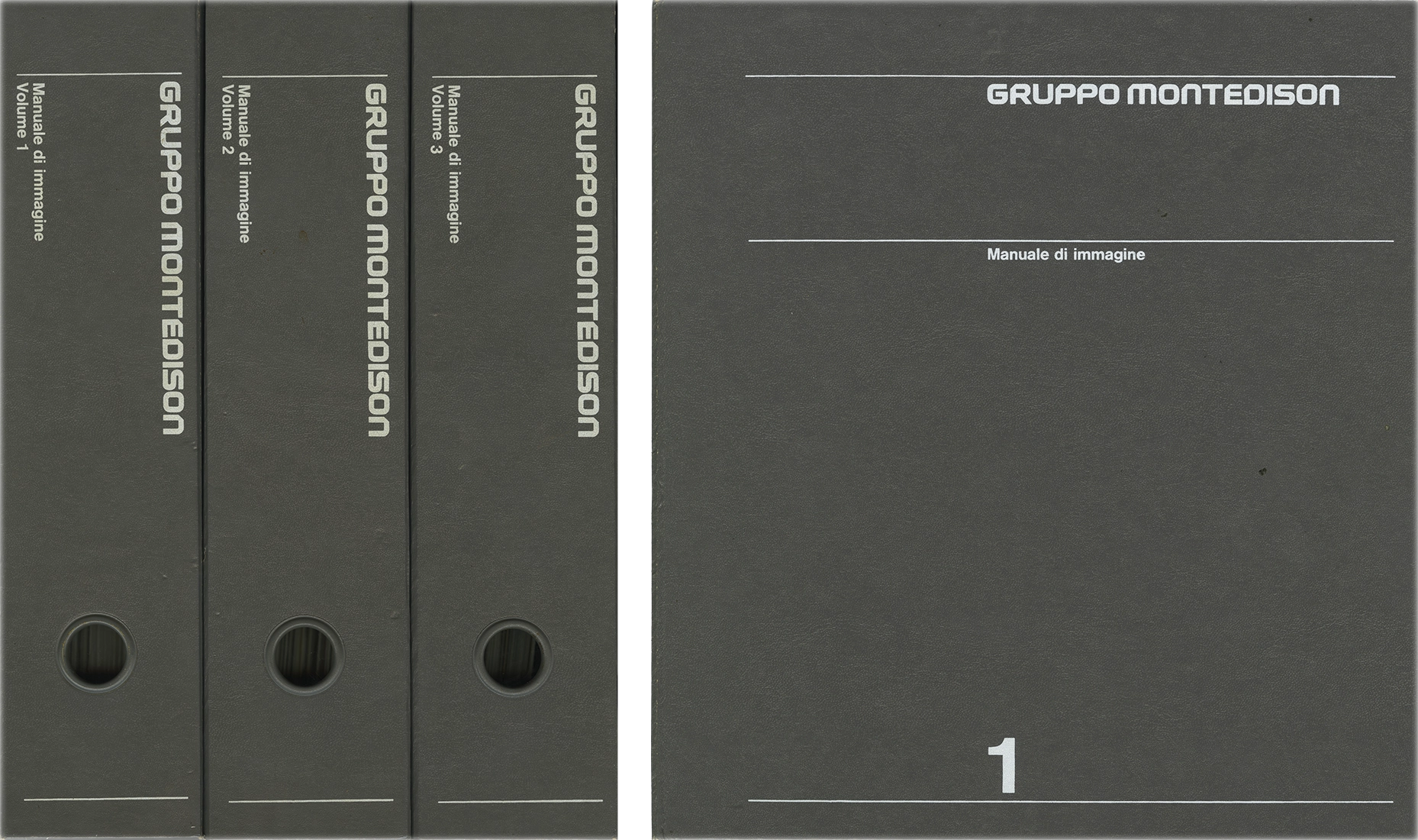 Brand Manual Gruppo Montedison, Unimark, Bob Norda, Gruppo Montedison. Manuale d'istruzioni in tre volumi per l'utilizzo del marchio e sistema d'immagine coordinata del gruppo Montedison.