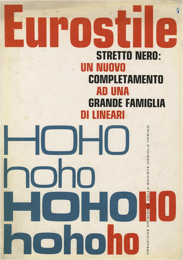 Specimen Eurostile, Stretto nero, carattere sans serif, di Aldo Novarese per Nebiolo, pubblicato ne 1962., Sintesi espressiva del nostro tempo, di Aldo Novarese per Nebiolo, pubblicato ne 1962.