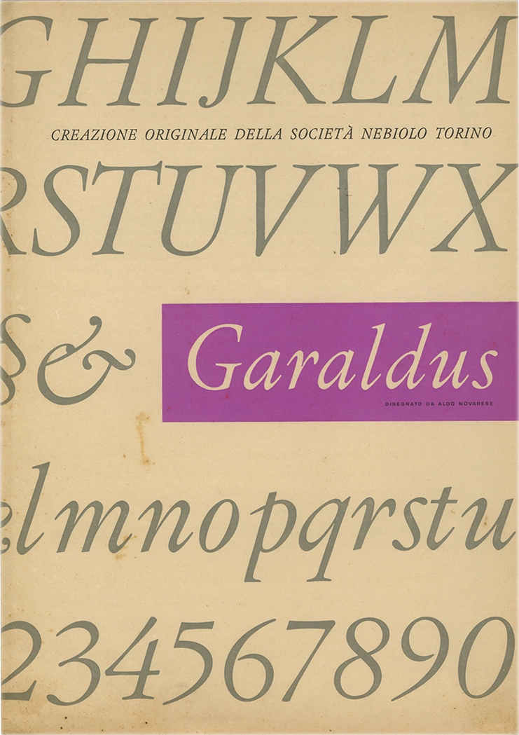 Specimen per il carattere serif Garaldus, Serie corsiva neretta normale, di Aldo Novarese per Nebiolo, pubblicato 1957.