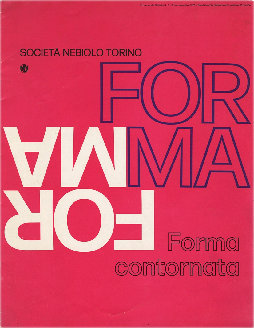 Specimen Forma contornata, carattere serif, di A. Novarese; F. Grignani; G. Iliprandi; B. Munari; I. Negri; T. Neuburg; L. Oriani; P. Tovaglia per Nebiolo, pubblicato nel 1970.