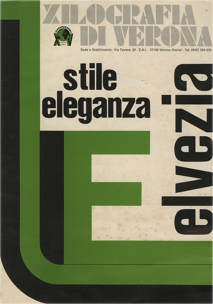 Specimen del carattere tipografico Elvezia, Xilografia di Verona, carattere lineare raccontato con testi segnaposto.