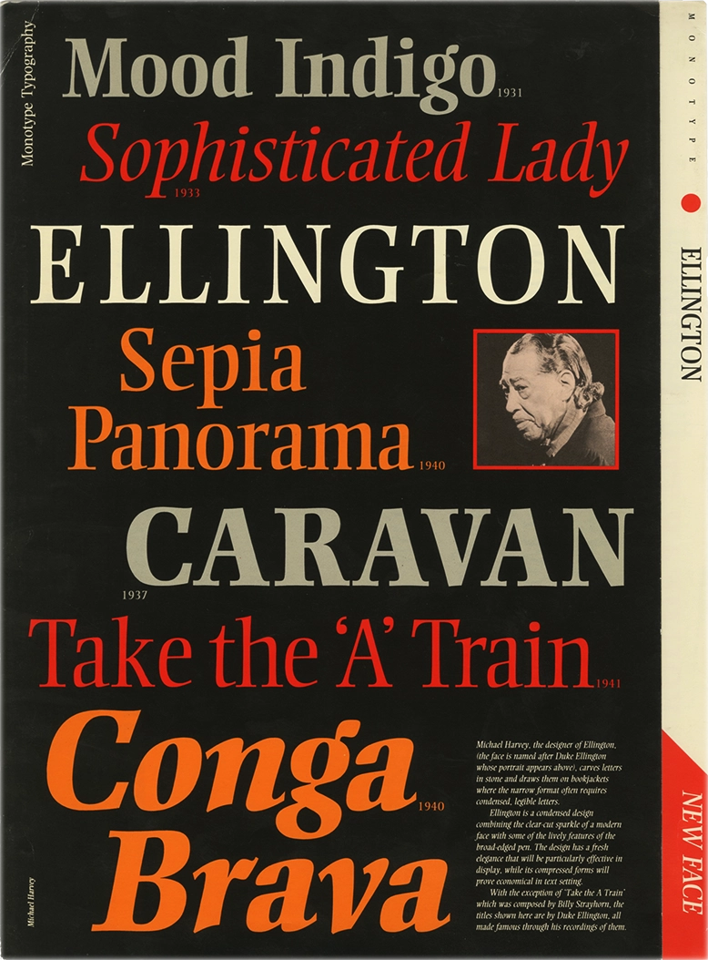 Specimen Ellington, Monotype Typography, Michael Harvy, carattere tipografico Ellington disegnato in tributo a Duke Ellington. 1990.