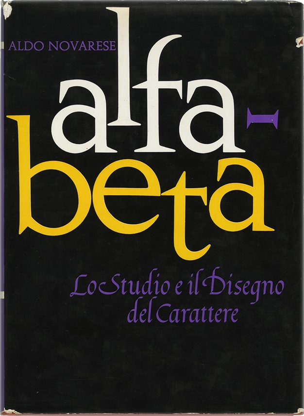 Alfa-beta, Lo studio e il disegno del carattere, Aldo Novarese, 1964, Progresso Grafico, Il libro comprende, oltre al normale commento sulla formazione dell'alfabeto, una notevole raccolta di materiale illustrativo al fine di offrire al lettore ed allo studioso una completa, se pur schematica, panoramica di questa avvincente materia.