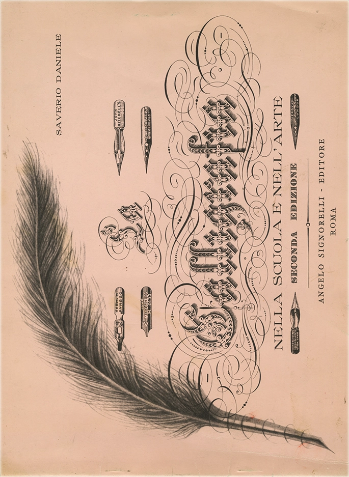 Calligrafia, Nella scuola e nell'arte, Saverio Daniele, 1960, Angelo Signorelli Editore. La pubblicazione racconta e illustra tecniche di scrittura calligrafica.