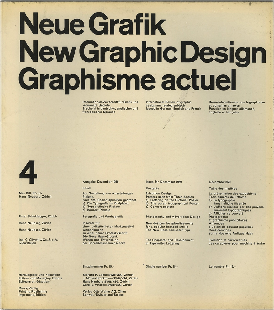 Neue Grafik n.4, International Review of graphic design and related subjects, R. P. Lohse; J. Muller-Brockmann; H. Neuburg; C. L. Vivarelli, Hans Neuburg, 1959, Verlag Otto Walter. Il quarto numero di Neue Grafik approfondisce il rapporto tra grafica, fotografia e design espositivo, mantenendo il consueto rigore dello stile tipografico internazionale. Tra i contributi principali figura un importante articolo di Max Bill dedicato all’Exhibition Design, in cui vengono analizzati i principi progettuali per la realizzazione di mostre efficaci e funzionali. Il numero ospita anche uno studio sul design fotografico, che esplora il ruolo della fotografia come strumento di comunicazione visiva nella grafica moderna.