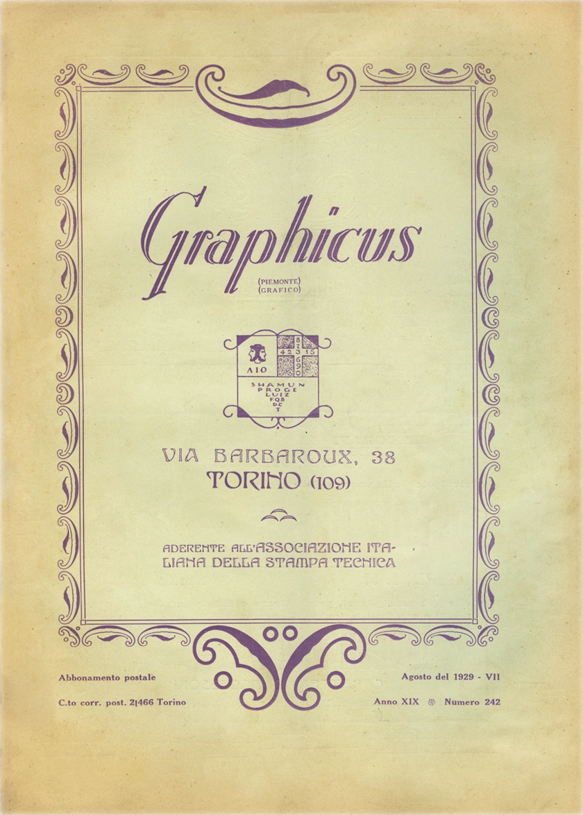 Graphicus – Agosto 1929, Rivista mensile delle arti del libro, Off. Poligrafica Editrice Subalpina O.P.E.S. Rivista italiana storica, fondata nel 1911 con il nome 