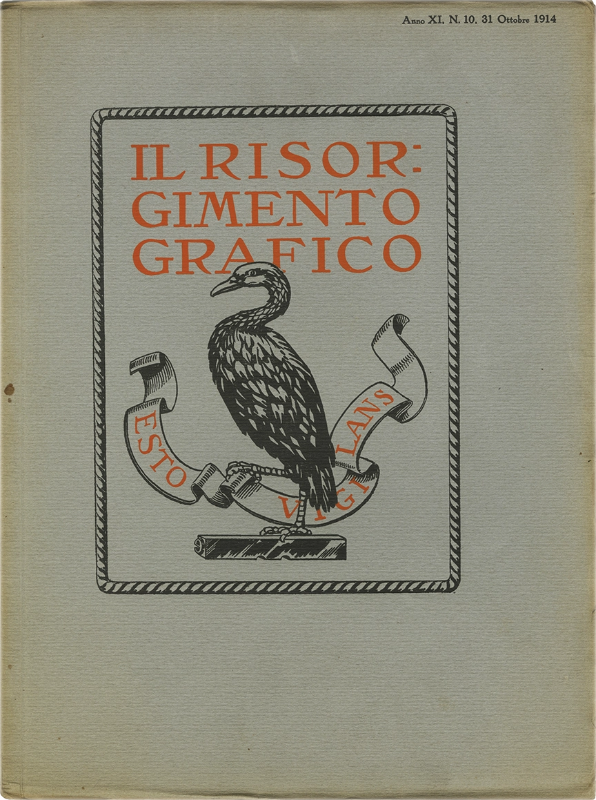 Il Risorgimento Grafico n.10 – Anno XI, Raccolta mensile di saggi grafici e scritti tecnici, 1914, Società Editrice del Risorgimento Grafico. Rivista italiana storica, specializzata nelle arti grafiche, nella tipografia e nell'editoria. Fondata a Milano nel 1902, diretta e successivamente posseduta da Raffaello Bertieri.