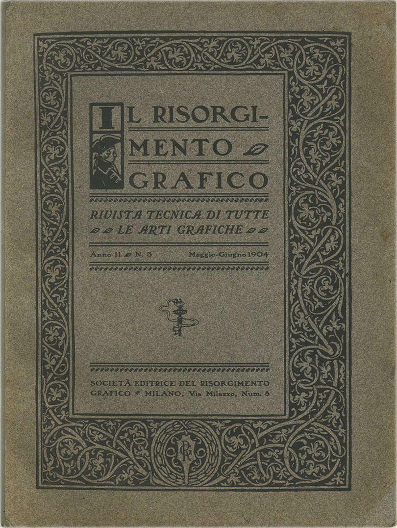 Il Risorgimento Grafico n.3 – Anno II, Rivista tecnica di tutte le industrie tipografiche, 1904, Società Editrice del Risorgimento Grafico. Rivista italiana storica, specializzata nelle arti grafiche, nella tipografia e nell'editoria. Fondata a Milano nel 1902, diretta e successivamente posseduta da Raffaello Bertieri.
