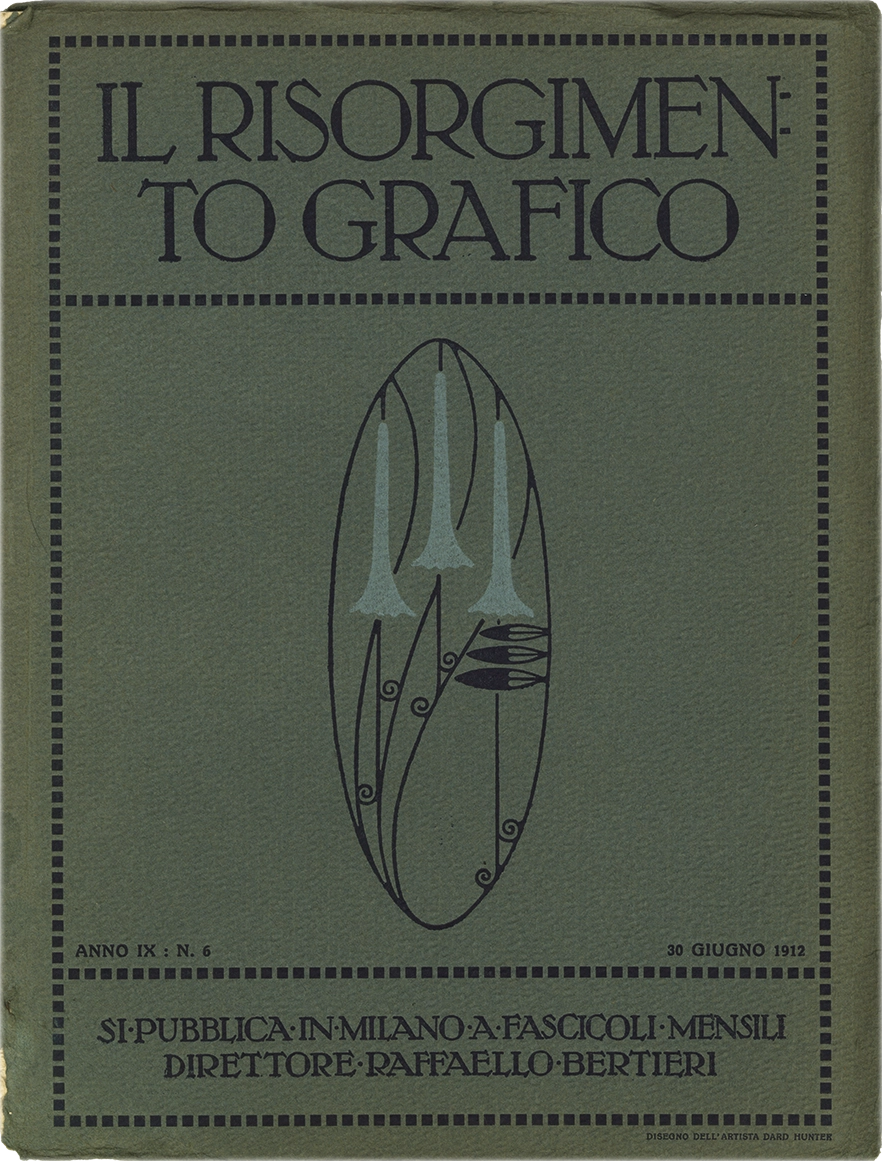 Il Risorgimento Grafico n.6 – Anno IX, Raccolta mensile di saggi grafici e scritti tecnici, 1912, Società Editrice del Risorgimento Grafico. Rivista italiana storica, specializzata nelle arti grafiche, nella tipografia e nell'editoria. Fondata a Milano nel 1902, diretta e successivamente posseduta da Raffaello Bertieri.