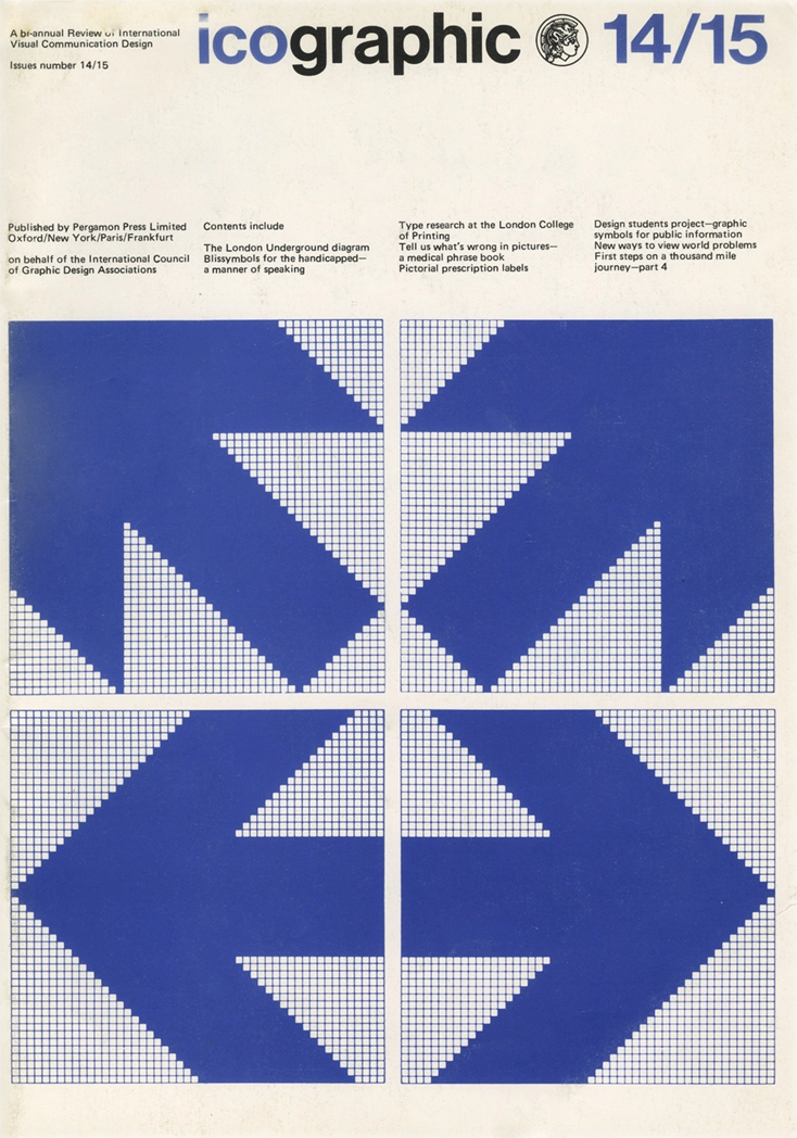 Icographic 14/15, A bi-annial Review of International Visual Communication Design, Patrick Wallis Burke, 1979, Pergamon Press Limited. Rivista internazionale di ricerca visiva, concepita come piattaforma di studio e diffusione delle pratiche grafiche e semiotiche legate alla comunicazione visiva. La rivista Icographic ha pubblicato 14 numeri (l'ultimo è un numero doppio: 14/15), tra il 1971 e il 1979.