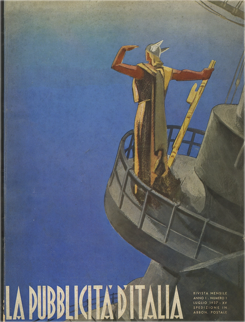 La Pubblicità d'Italia - N. 1 / 1937, S.A.M.E. - Società Anonima Milanese Editrice. Rivista mensile che tratta i temi della pubblicità, propaganda e comunicazione visiva nell’Italia fascista. Organo ufficiale del Sindacato Nazionale Fascista delle Agenzie e Case di Pubblicità, si propone di diffondere le linee guida estetiche e ideologiche del regime attraverso l’analisi e la promozione delle tecniche pubblicitarie moderne. Comitato di Direzione: Ermanno Amicucci, Giovanni Banelli, Niccolò Castellino, Roberto Farinacci, Umberto Guglielmotti, Alessandro Pavolini.