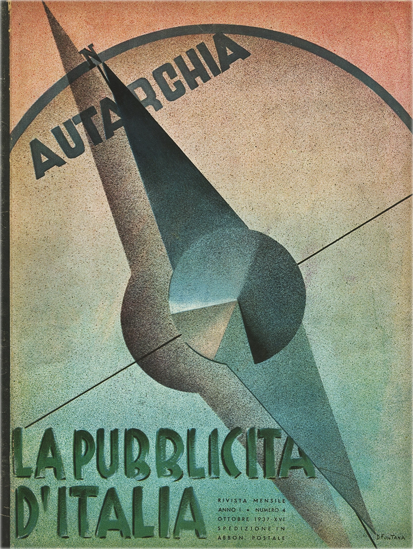 La Pubblicità d’Italia – N. 4 / 1937, S.A.M.E. - Società Anonima Milanese Editrice, Rivista mensile che tratta i temi della pubblicità, propaganda e comunicazione visiva nell’Italia fascista. Organo ufficiale del Sindacato Nazionale Fascista delle Agenzie e Case di Pubblicità, si propone di diffondere le linee guida estetiche e ideologiche del regime attraverso l’analisi e la promozione delle tecniche pubblicitarie moderne. Comitato di Direzione: Ermanno Amicucci, Giovanni Banelli, Niccolò Castellino, Roberto Farinacci, Umberto Guglielmotti, Edoardo Malusardi, Alessandro Pavolini.