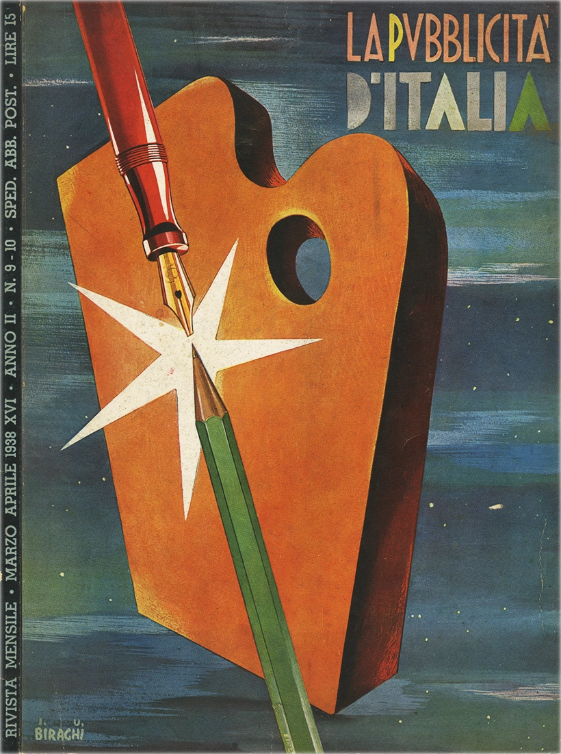 La Pubblicità d’Italia – N. 9-10 / 1938, S.A.M.E. - Società Anonima Milanese Editrice, Rivista mensile che tratta i temi della pubblicità, propaganda e comunicazione visiva nell’Italia fascista. Organo ufficiale del Sindacato Nazionale Fascista delle Agenzie e Case di Pubblicità, si propone di diffondere le linee guida estetiche e ideologiche del regime attraverso l’analisi e la promozione delle tecniche pubblicitarie moderne. Direttore Responsabile: Ugo Zampieri. Comitato di Direzione: Ermanno Amicucci, Giovanni Banelli, Niccolò Castellino, Roberto Farinacci, Umberto Guglielmotti, Edoardo Malusardi, Alessandro Pavolini.
