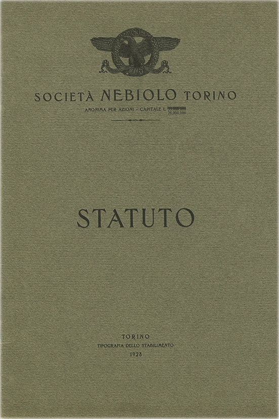 Statuto, 1928. Documento della Società Nebiolo, statuto del 1928. La Società Nebiolo è stata fondata a Torino nel 1880. Si è specializzata in caratteri tipografici e macchine da stampa. Tra il 1908 e il 1918 ha operato come Società Augusta e successivamente si è fusa con Urania, mantenendo il nome Nebiolo & Comp. Ha cessato l’attività nel 1993.