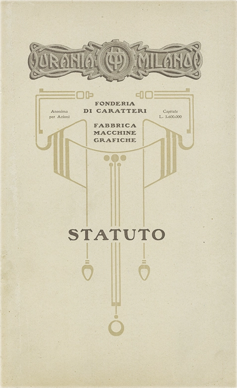 Documento della Società Urania, statuto emanato dopo il 1908. La Società Urania fu una fonderia di caratteri tipografici attiva a Milano tra il 1897 e il 1921. Nel 1906, rilevò l'intera attività della fonderia Commoretti e fu assorbita dalla Nebiolo di Torino nel 1921.